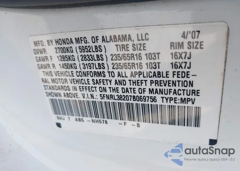 2007 Honda Odyssey Lx from USA, damaged, VIN 5FNRL38207B069756